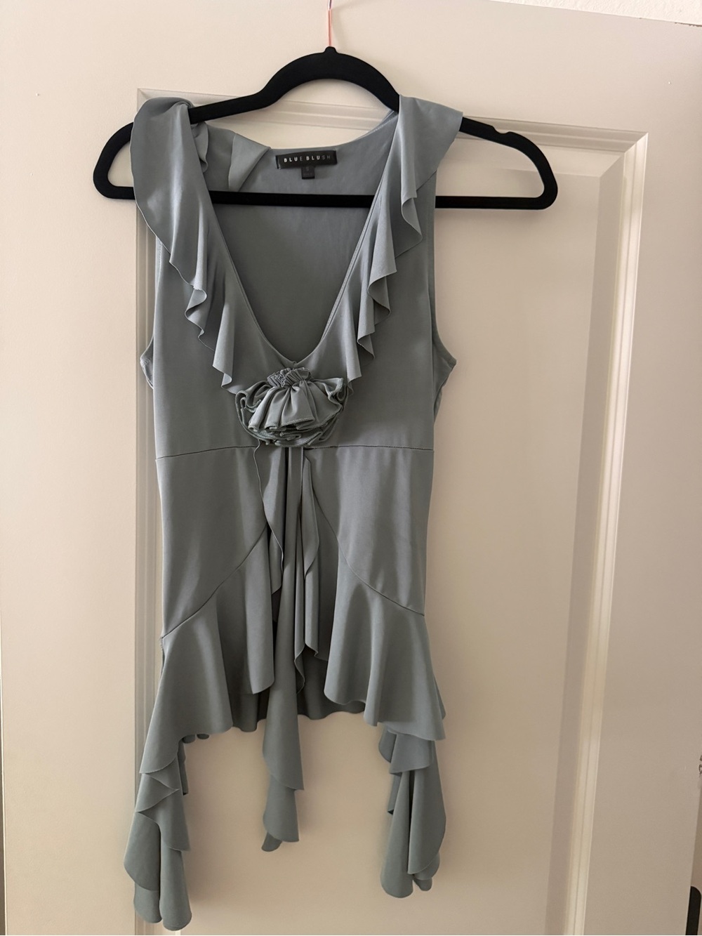 Blue Blush Dusty Sage Ruffle-Trim Rosette Sleeveless Top